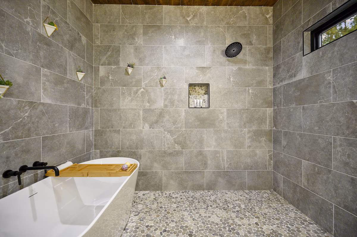 Walk-in tile shower and soaking tub